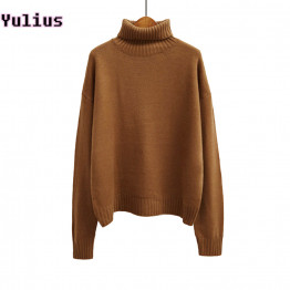 Vintage Women Long Sleeve Loose Knitted Pullover Turtleneck Sweater