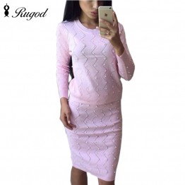 2 Pc Long Sleeve Beaded Knit Skirt Set With A Sweet Pearls Sweater & Pencil Skirt