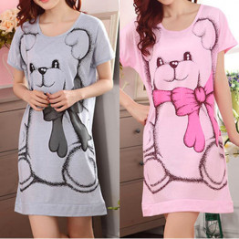 Sleeveless Short-Sleeve Cute Girls Printed Cartoon Bear Nightgown