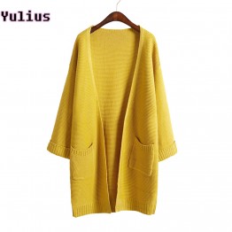 Ulzzang Girl Casual Long Knitted Cardigan Sweater With Korean Pocket Design