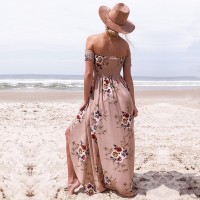 Boho Style Off Shoulder Long Floral Print Vintage Chiffon Dress