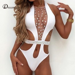 DRESSMECB Patchwork Hollowed Out Sexy Bodysuit (Sizes S - L)