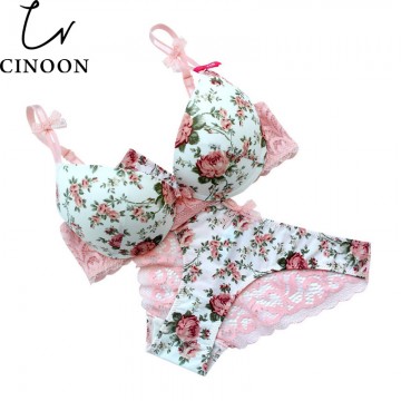 Cinoon Sexy Silk Lace Flower Print Push Up Bra & Brief 2 Pc Set