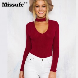 Missufe Knitted Pullover Bodysuit w/ Choker Neck