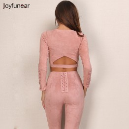 Joyfunear Tight Bandage Top & High-Waist Pants 2 Pc Suede Leather Set