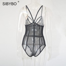 SIBYBO Sexy Deep V Neck Slim Lace Mesh Bodysuits
