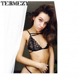 Termezy Sexy Lingerie Wire-free Lace Cross Belt Hollow Bra & Underwear Set