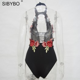 Sibybo Elegant Floral Embroidered & Backless Leotard Bodysuit