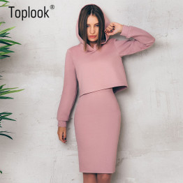 Toplook Pink Suede 2 Pc Hooded Sweater & High Waist Pencil Skirt Set 