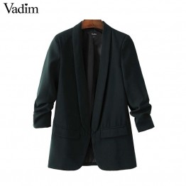 Vadim Elegant Crimping 3/4 Sleeve Notched Pocket Blazer