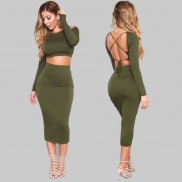 2 Pc Knitted Bandage Pencil Skirt & Long Sleeve Backless Crop Top With Cross Strap Dress Set 