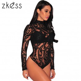 ZKESS Sexy Black Stretchy Long Sleeve Turtleneck Lace Bodysuit