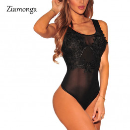 Ziamonga Sexy Mesh Bodysuit With Sheer Top Lace Flower Embroidery 